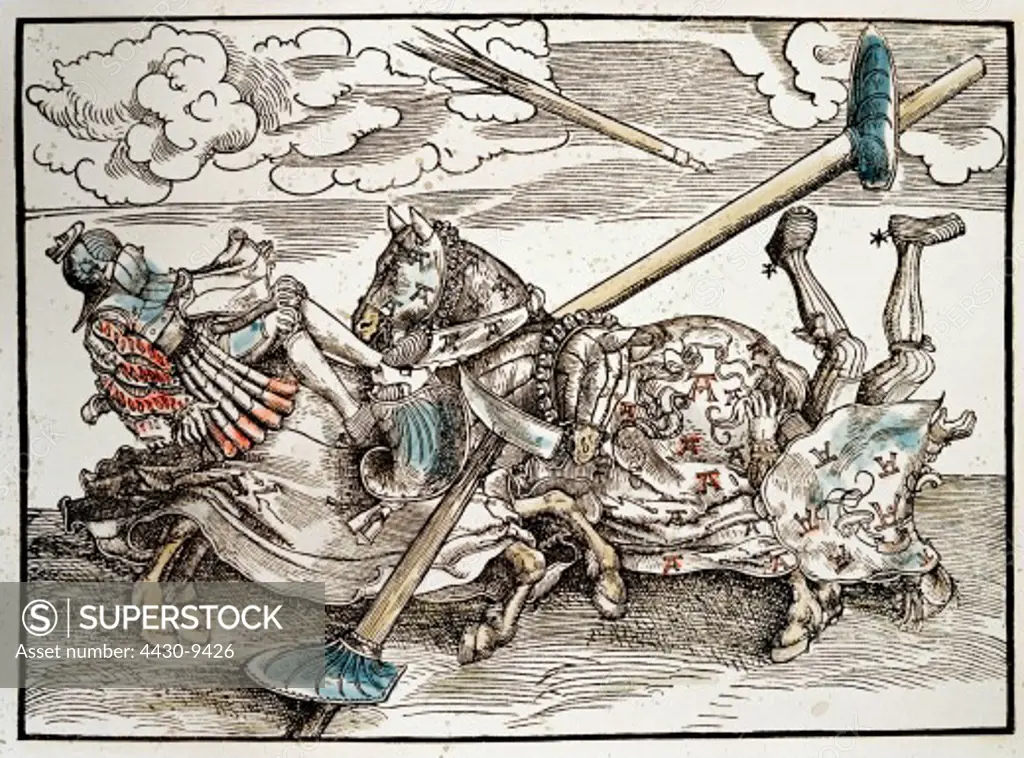 middle ages tournamant joust coloured woodcut by Hans Sch_ufelin Nuremberg circa 1520 private collection duel knight knights plate armour weapons lance Germany 16th century Schaeufelin Schaufelin,