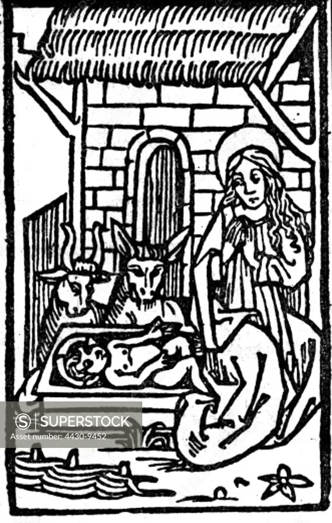 religion Jesus Christ birth Christ Child in the cradle woodcut illustration from a Lower German prayer book printed by Steffen Arndes 1495,
