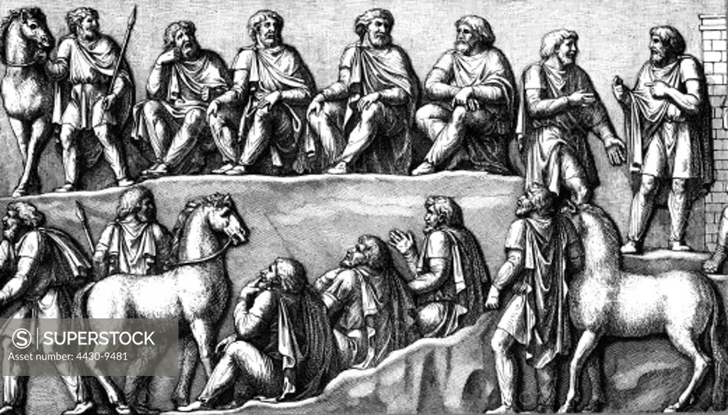 ancient world Germanics council wood engraving after relief from the Trajan's Column of Marcus Aurelius circa 180 BC,