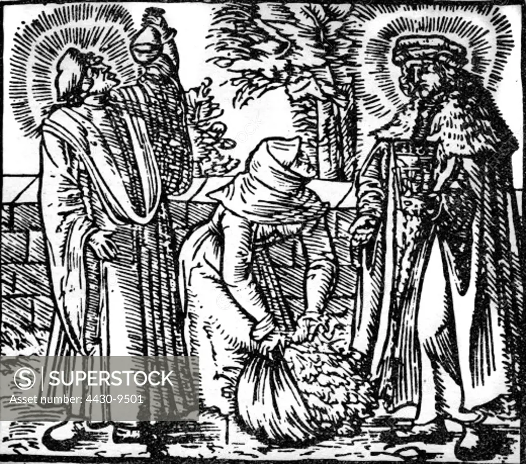 botany herbs herb woman bringing collected medicinal plants to the doctor woodcut by anonymous from Spiczynski ""About medicinal herb"" 1542,