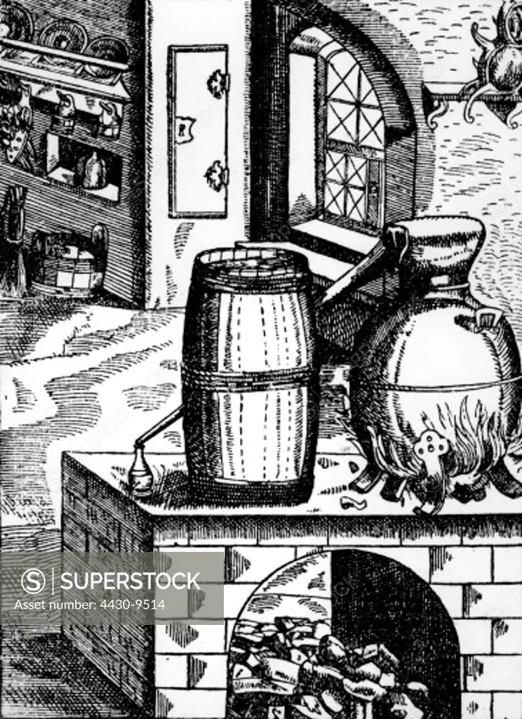alchemy destillation appliance standing on stove woodcut from ""Augendienst"" by Georg Bartisch Dresden Germany 1583,