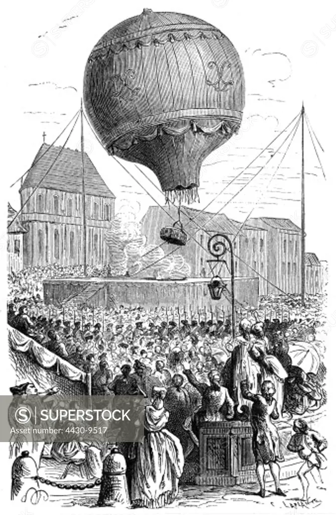 transport transportation aviation balloons hot-air ballon of brothers Joseph Michel and Jacques Etienne Montgolfier flight of a unmanned balloon Versailles Castle 19.9.1783 wood engraving 19th century,