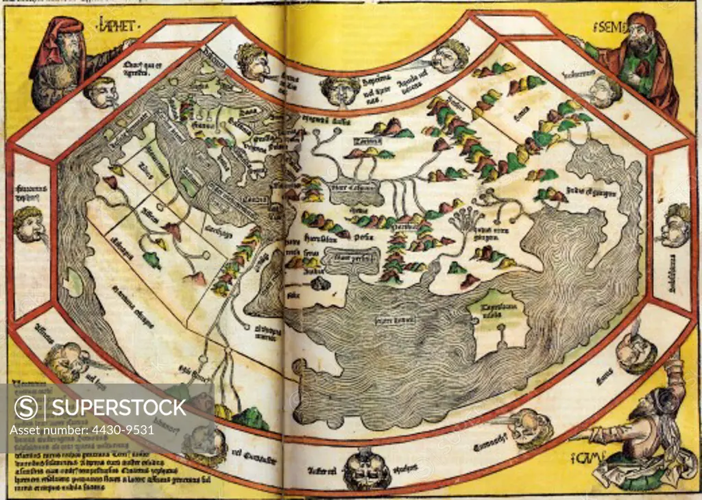 cartography world maps coloured woodcut by Michael Wohlgemut or Wilhelm Pleydenwurff ""Chronicle"" of Hartmann Schedel Nuremberg 1493,