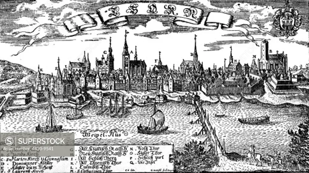 Poland Torun (Thorn) city views cityscapes view over Vistula woodcut 16th century,