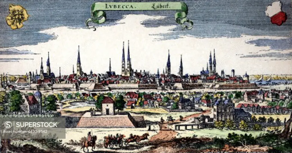 Germany L»beck city views cityscapes coloured engraving by Matth_us Merian from ""Topographia Germaniae"" 1642 - 1655,