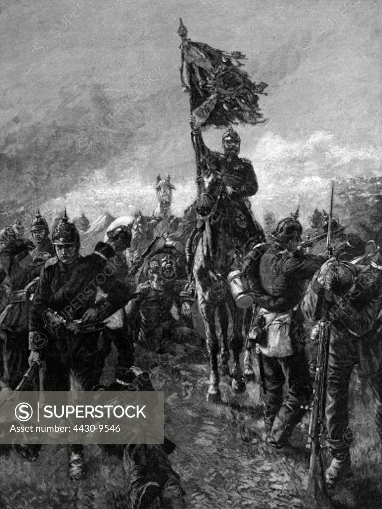 events Franco-Prussian War 1870 - 1871 Battle of Mars-la-Tour 16.8.1870 Colonel von Cranach leading the 18th Brigade ot of the fire wood engraving after painting by Th. Rocholl 19th century,