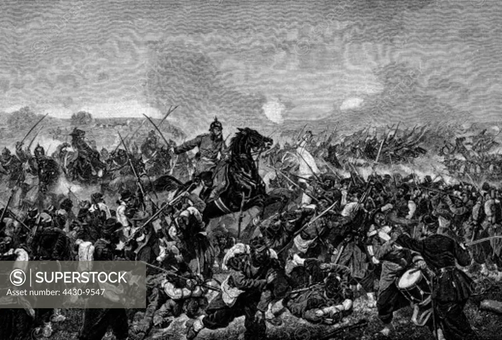 events Franco-Prussian War 1870 - 1871 Battle of Mars-la-Tour 16.8.1870 charge of the Prussian 1st Guard Dragoons wood engraving after Emil Huenten (1827 - 1902),