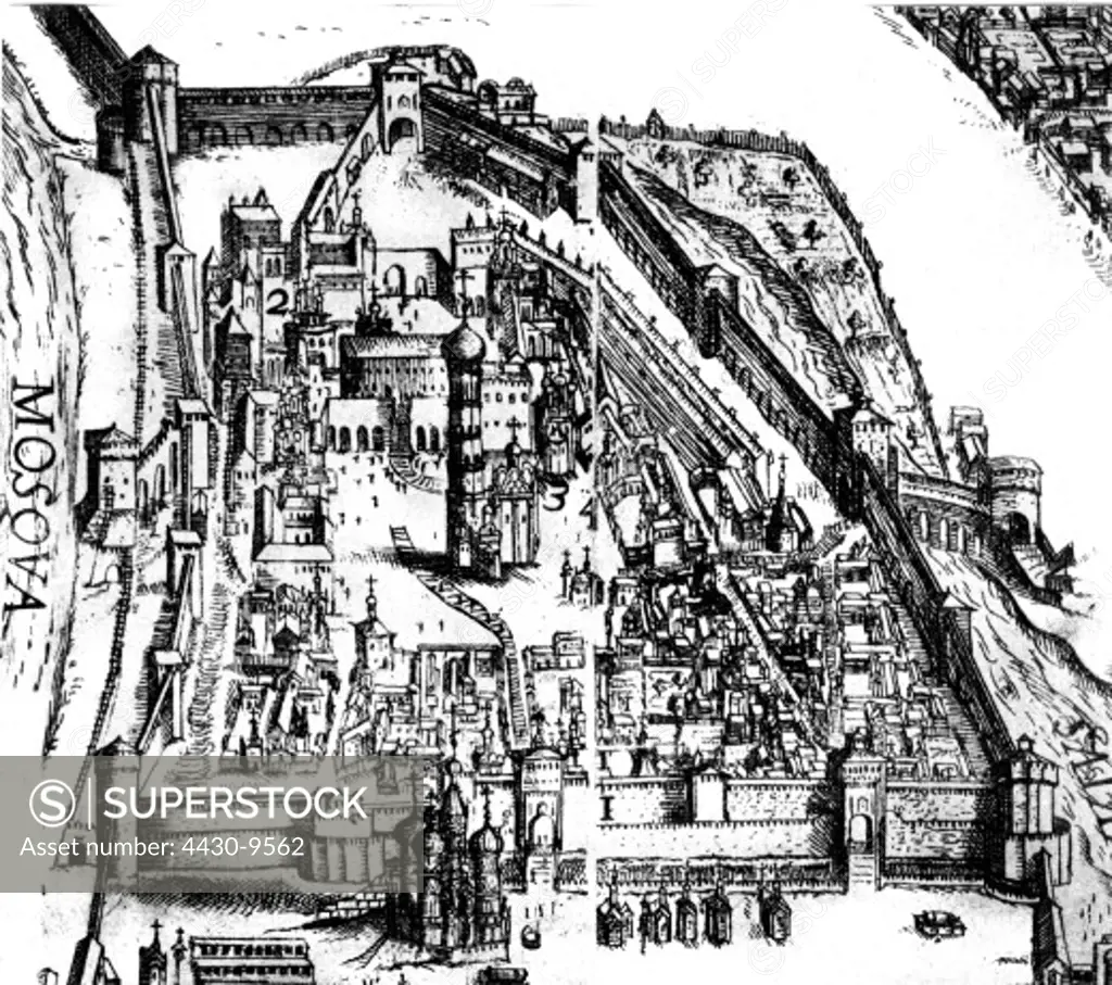 Russia Moscow Kremlin overview Eastern view after woodcut 16th century,