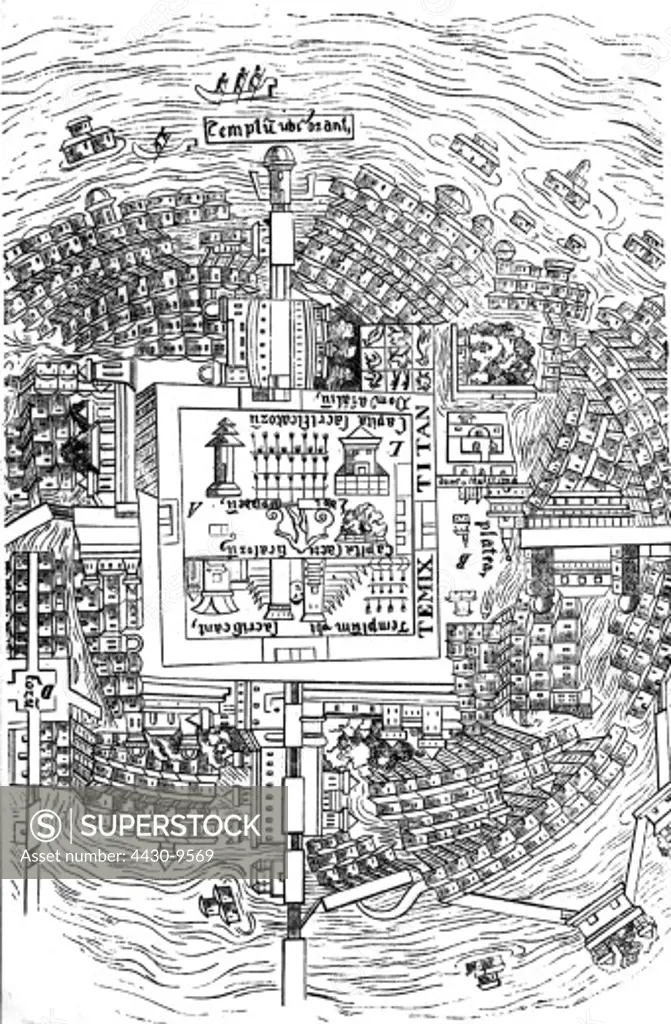 Mexico Tenochtitlan capital Aztec map woodcut 16th century city map street streets view overview place island lake America,