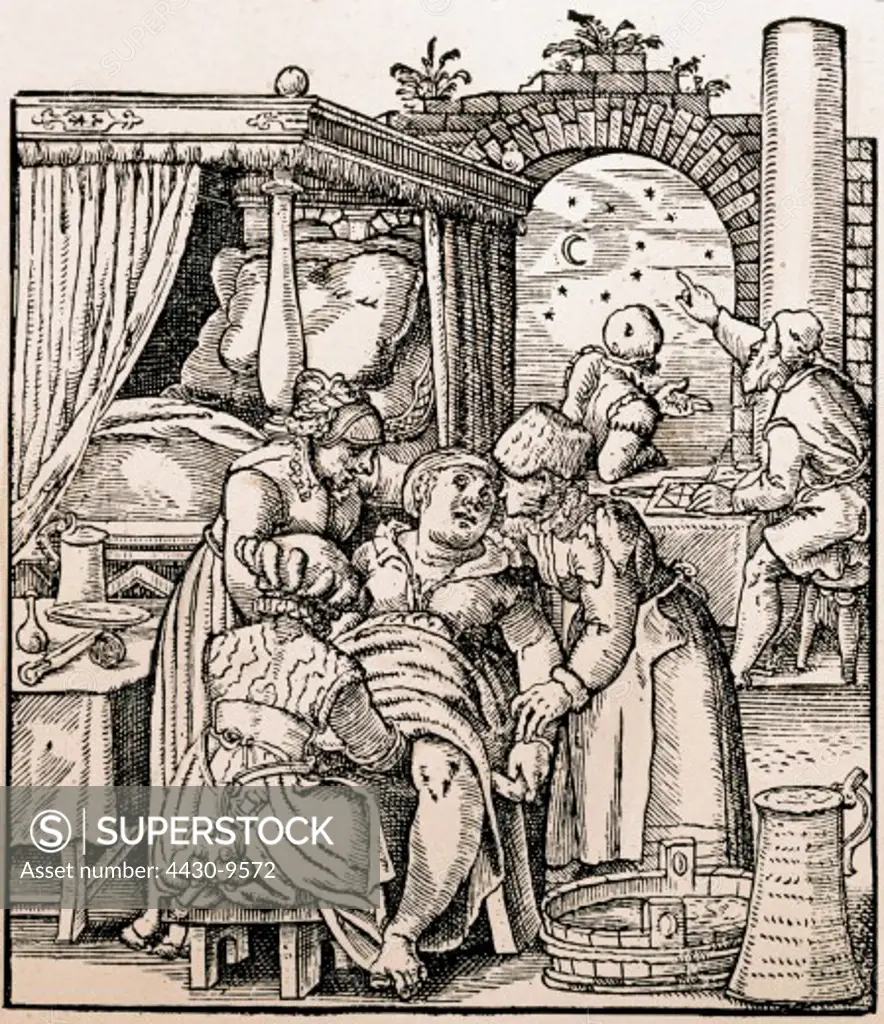 medicine birth gynecology mother in parturition chair woodcut by Jost Amman to ""De conceptu et Generatione Hominis"" by Jakob Rueff 1554,