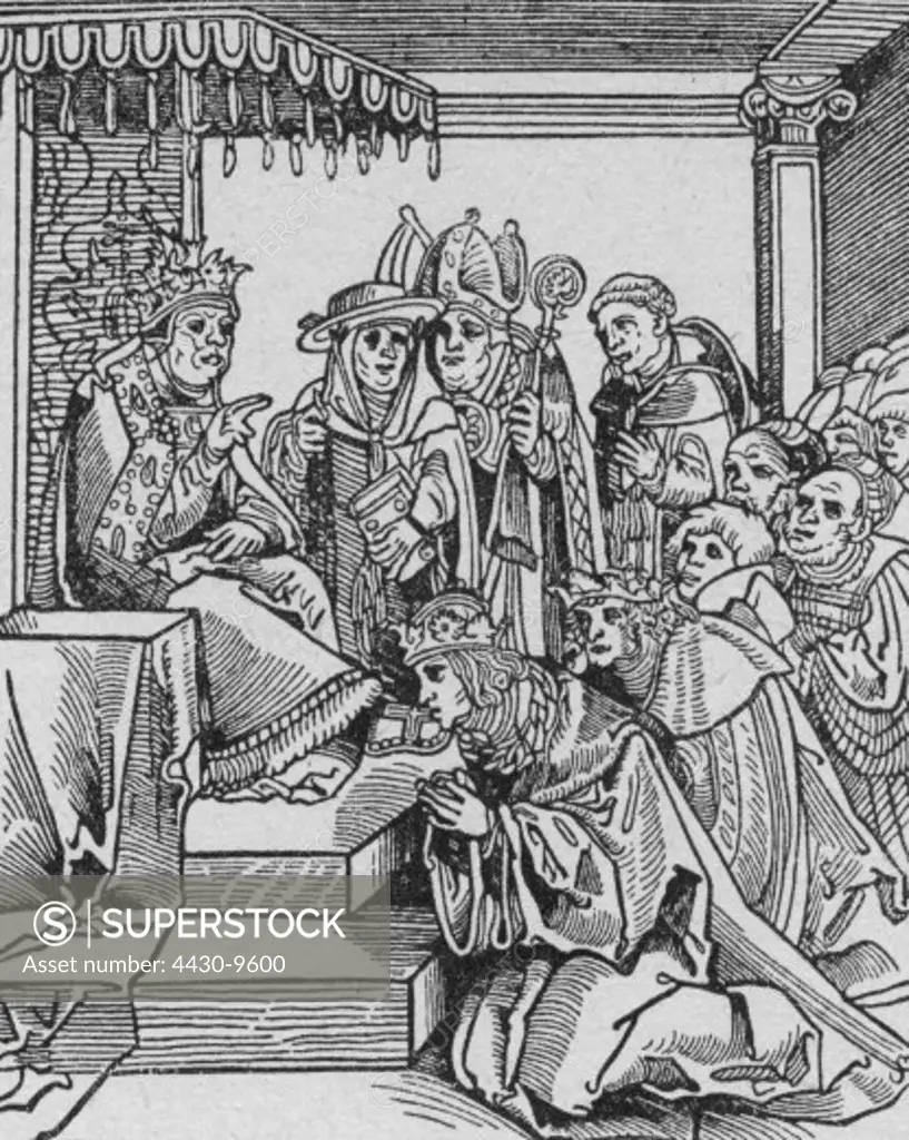 events Protestant Reformation cartoon the pope as ruler of the word with the Holy Roman Emperor kissing his feet woodcut by Lucas Cranach the Elder circa 1545,