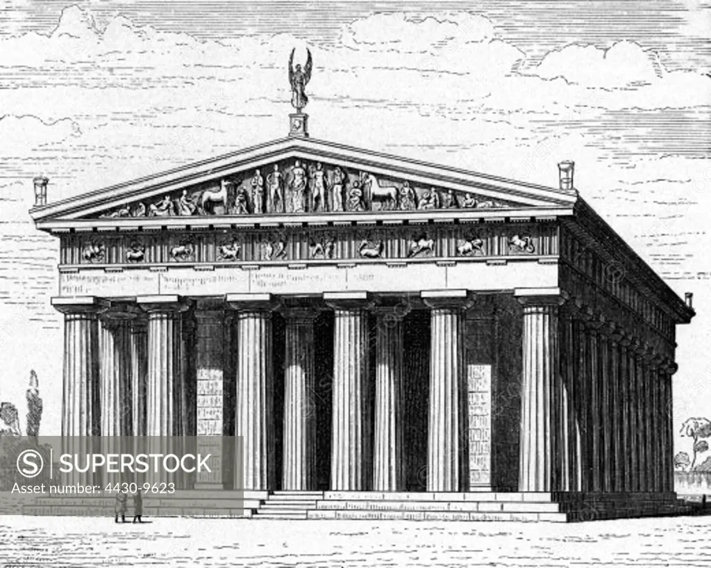 Greece Olympia Temple of Zeus exterior view reconstruction engraving 19th century,