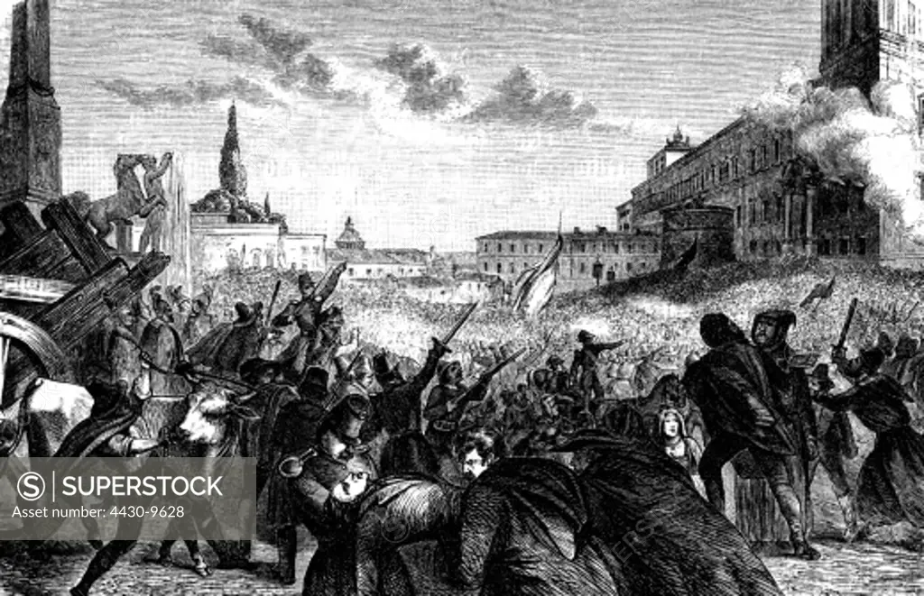 events revolutions of 1848 - 1849 Italy Rome the Quirinal Palace residence of Pope Pius IX under siege 16. - 24.11.1848 scene during the first attack on 16.11.1848 contemporary wood engraving,