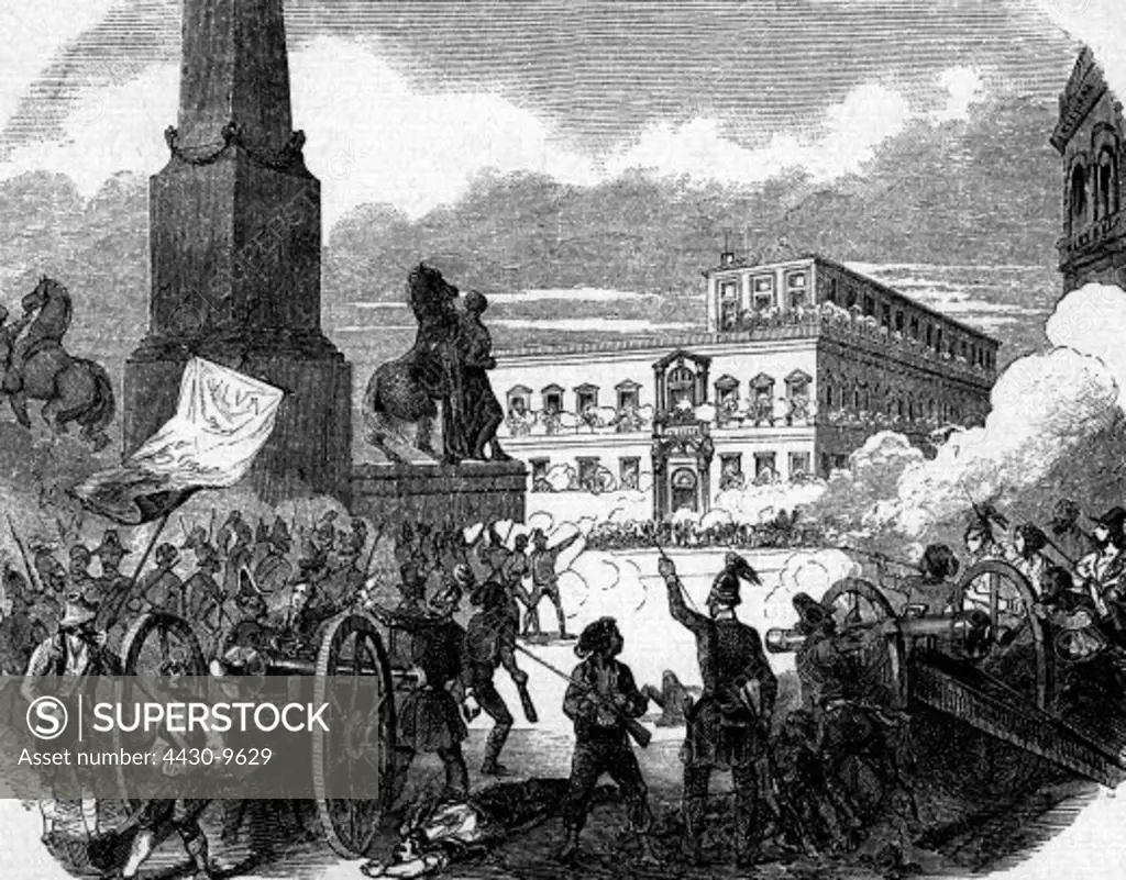 events revolutions of 1848 - 1849 Italy Rome the Quirinal Palace residence of Pope Pius IX under siege 16. - 24.11.1848 scene during the first attack on 16.11.1848 contemporary wood engraving,