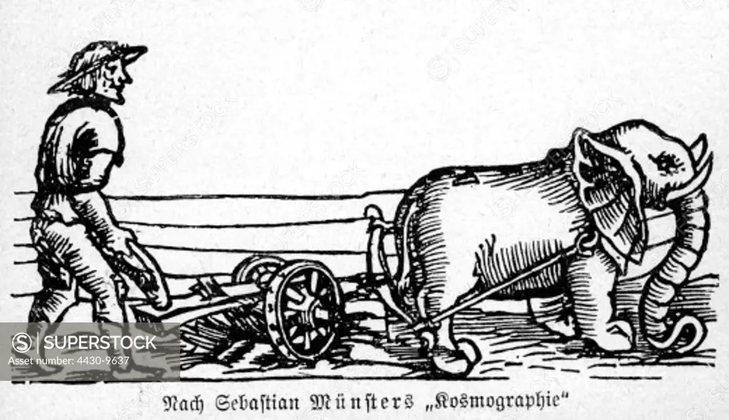 agriculture farming men with elephant plow woodcut from ""Cosmographia"" by Sebastian Muenster 1st edition 1544,