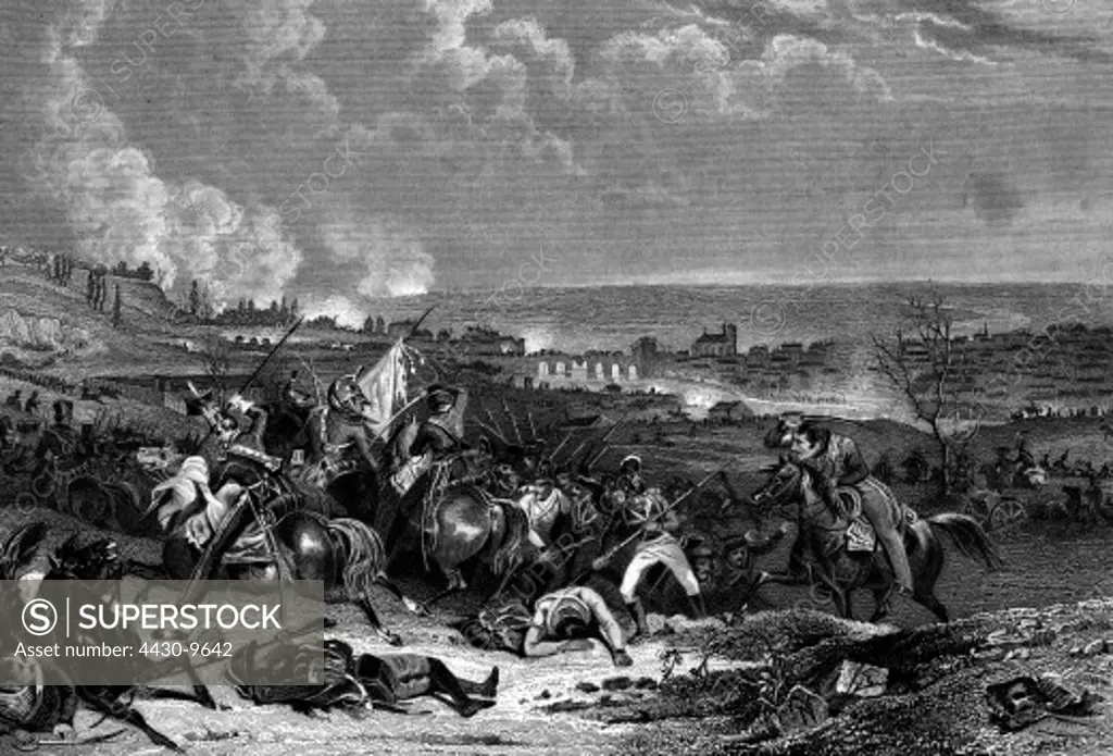 events War of the Sixth Coalition 1812 - 1814 Battle of Montereau 18.2.1814 steel engraving by Hessloehl 19th century,