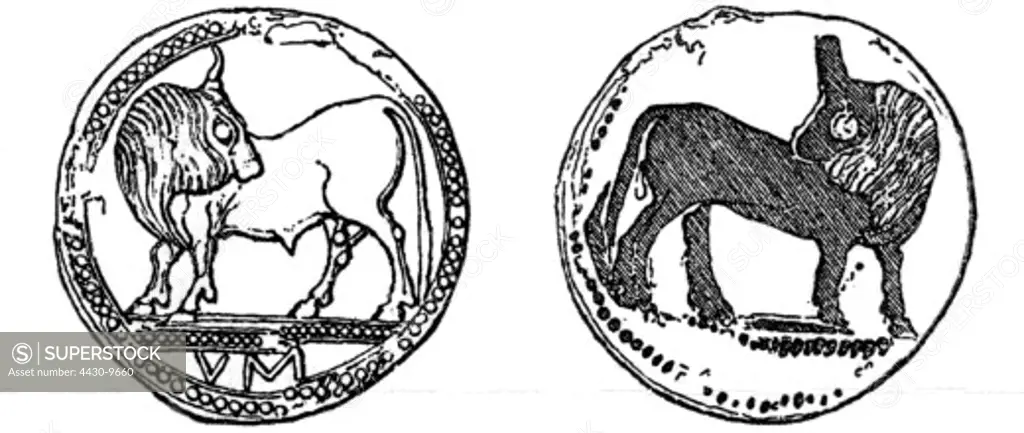 money finance coins ancient world Stater from Sybaris 550/530 - 510 BC silver single-sided minted head and reverse side wood engraving 19th century,