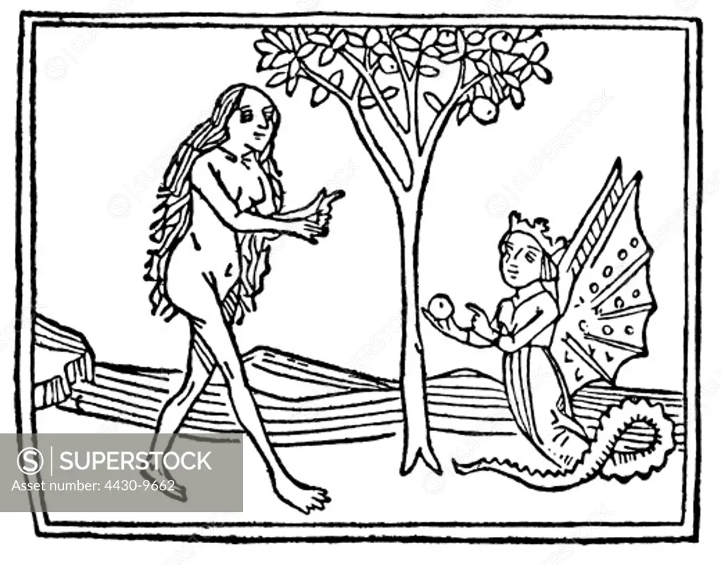 religion biblical scenes Adam and Eve Eve and the snake woodcut ""Speculum humanae salvationis"" Augsburg 1470,