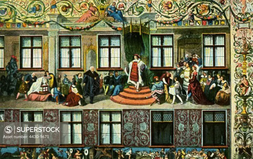 Germany cities Augsburg Fuggerh_user (palace of family Fugger) detail fresco by Hans Burgkmair (1473 - 1531) facsimile 1916,