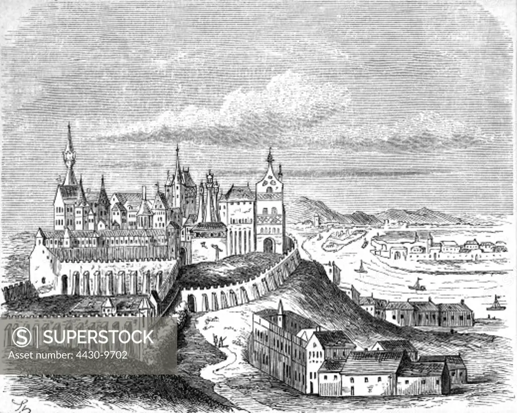Hungary Budapest Buda castle late 16th century exterior view History painting engraving after manuscript of Bibliothece Corviniana 19th century,