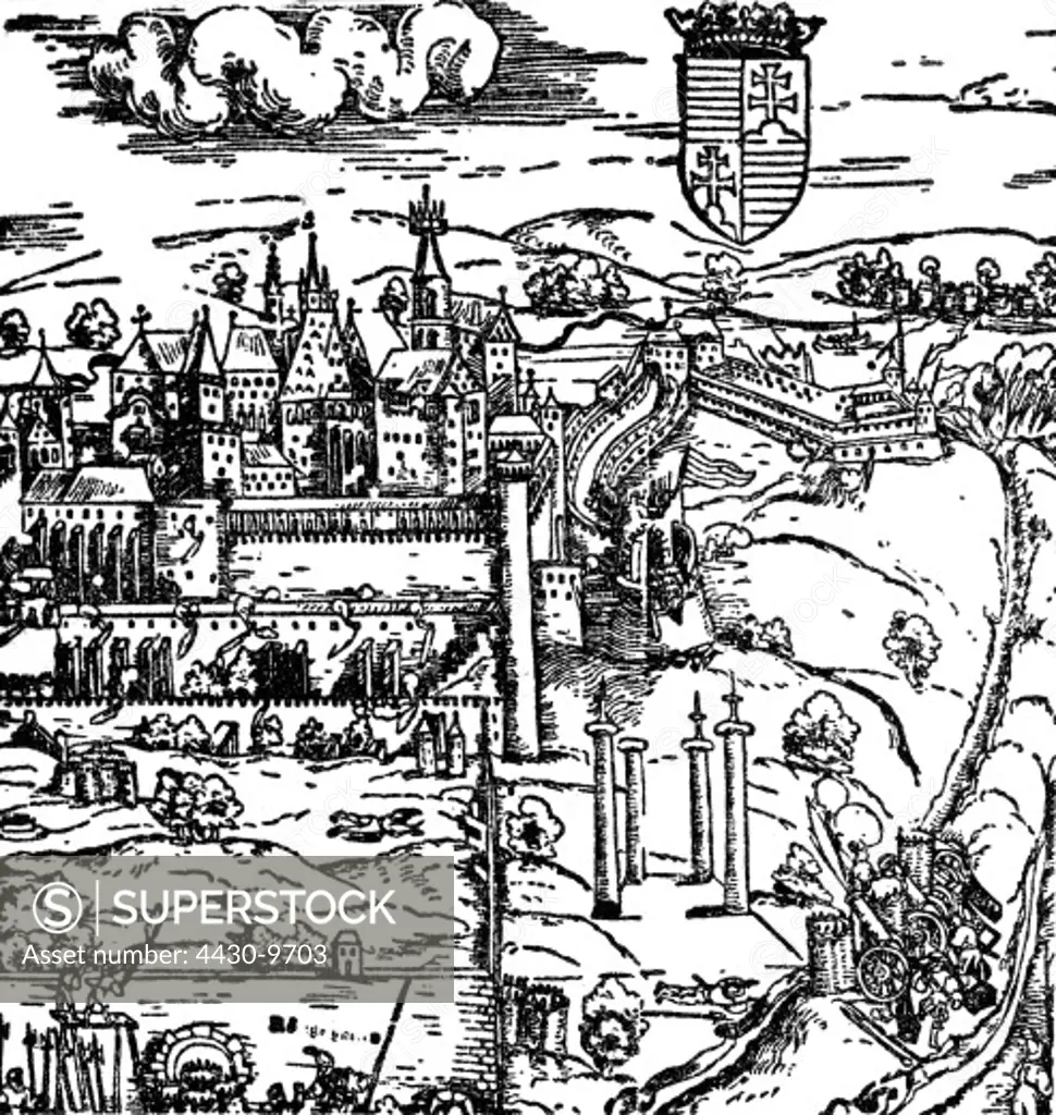 Hungary Budapest district of Buda with castle late 15th century woodcut,