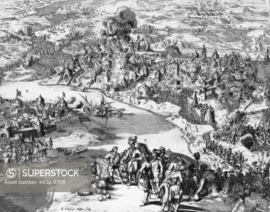 events Great Turkish War 1683 - 1699 Siege of Ofen (Buda) 1684 - 1686 contemporary copper engraving by J. Christian Haffner,