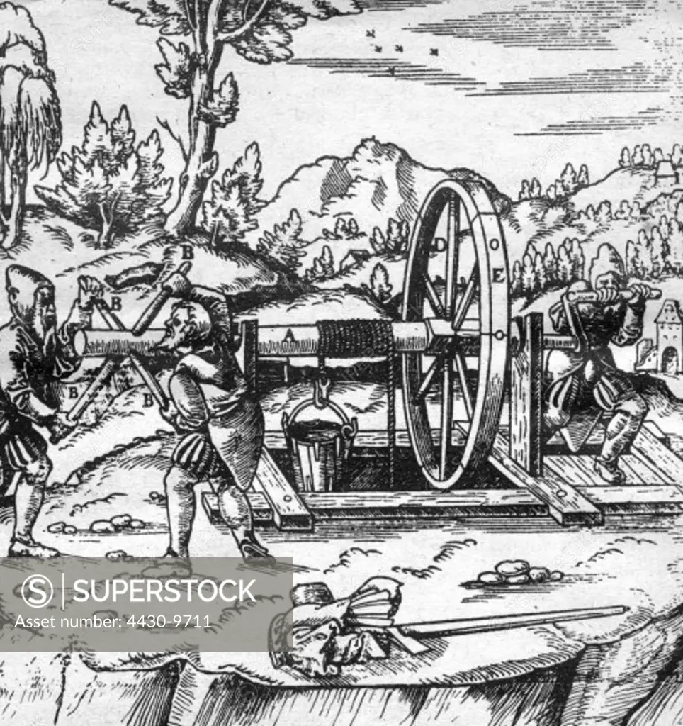 mining mine well winder woodcut from ""Vom Bergwerk"" (About the Mine) by Georg Agricola 1557,
