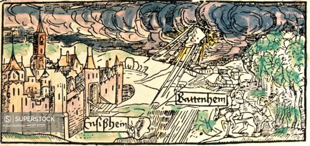 astronomy meteore crash of a meteorite Ensisheim Alsace 1492 conteporary single sheet woodcut printed at Michael Greiff Reutlingen Germany private collection,