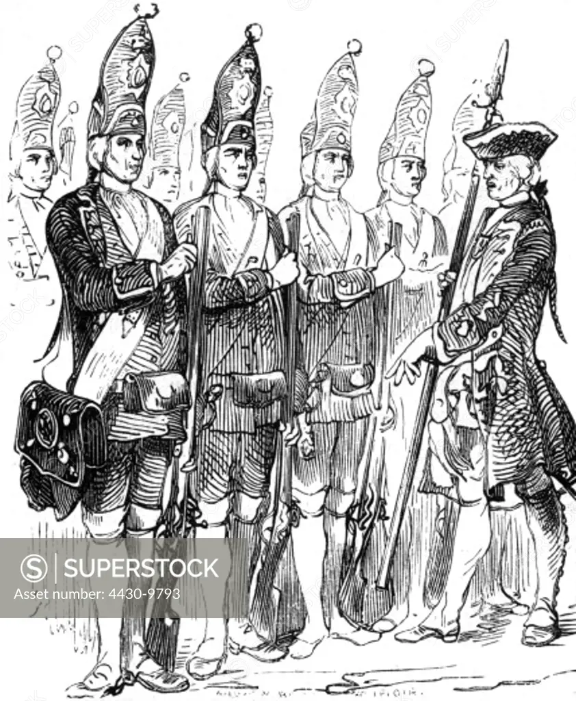 military Germany Prussia infantry ""Potsdam Giants"" grenadiers of the Prussian Infantry Regiment No. 6 ""King"" (Koenig) drill wood engraving after drawing by Adolf von Menzel (1815 - 1905),