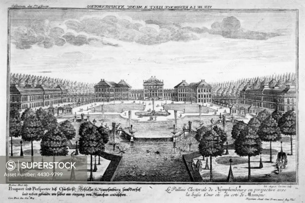 Germany Munich Nymphenburg Castle exterior view park side copper engraving by Johann August Corvinus after Mathias Disel circa 1720,