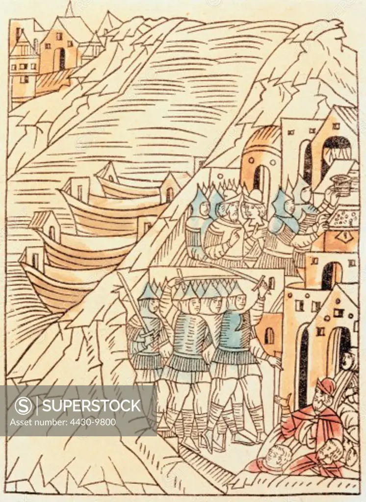 Middle Ages Vikings pillage of Kostroma woodcut coloured 16th century private collection,