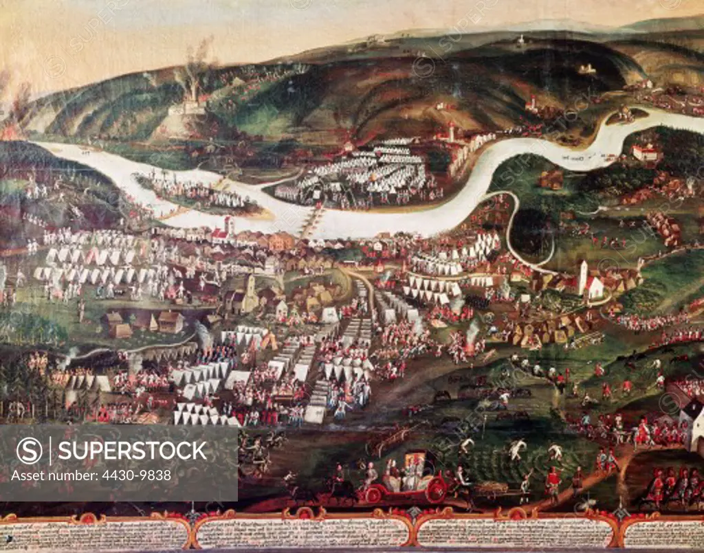event war of the Austrian succession 1740 - 1750 Austrian camp on the river Danube near Osterhofen Bavaria 1742 Oberhaus museum,