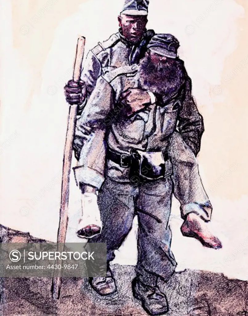 events First World War WWI Italian Front Tyrolean marksmen father carrying his wounded son Pioverna alta near Vielgereuth spring 1916 drawing by Eduard Thoeny (1866 - 1950) Bavarian Military Museum Ingolstadt Germany ARTIST'S COPYRIGHT MUST ALSO BE CLEARED,