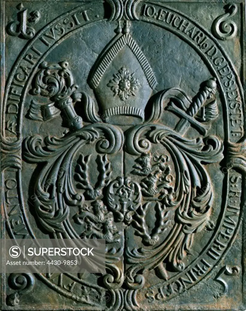 heraldry coat of arms Germany prince-bishopric Eichstaett cast iron oven plate Obereichstaett 1695,