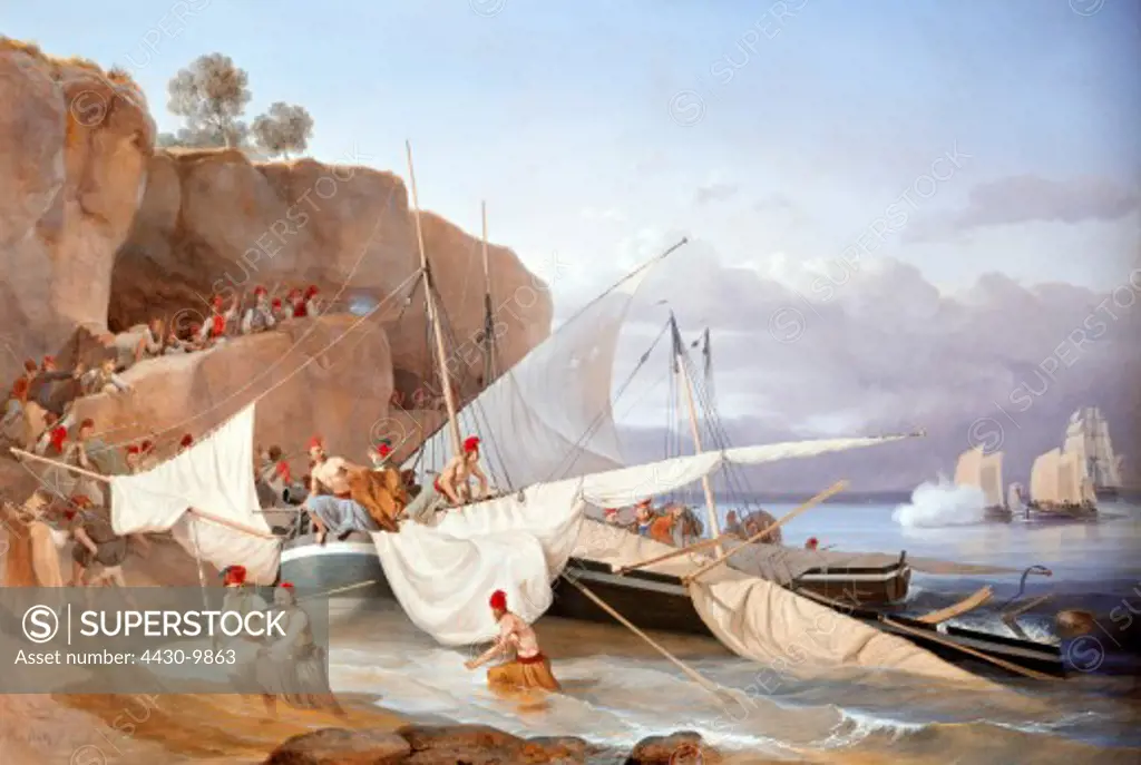 event Greek war of independence 1821 - 1829 Greek pirates defending bay against Britons painting by Carl von Heydeck 1836 60 cm x 92 cm municipal museum Munich,