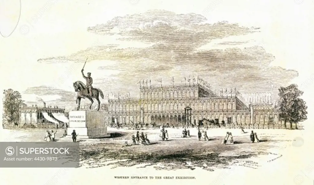 exhibition world exhibition London 1.5. - 18.10.1851 first world exhibition crystal palace built 1850/1851 after plan by Joseph Paxton in Hyde Park exterior view engraving from ""The Art-Journal Illustrated Catalogue of the Industries of all Nations"" 1851