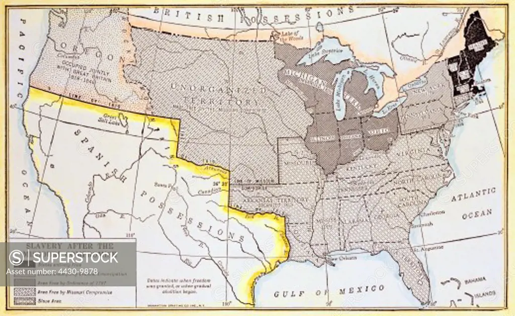 cartography map North America USA spreading of slavery after Missouri compromise (1820) map from ""America its People and History"" Washington DC