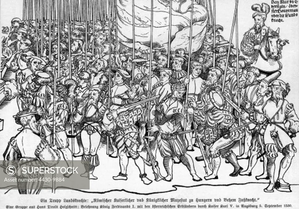 military Landsknechts Imperial foot soldiers woodcut by Hans Tirol Augsburg 5.9.1530,