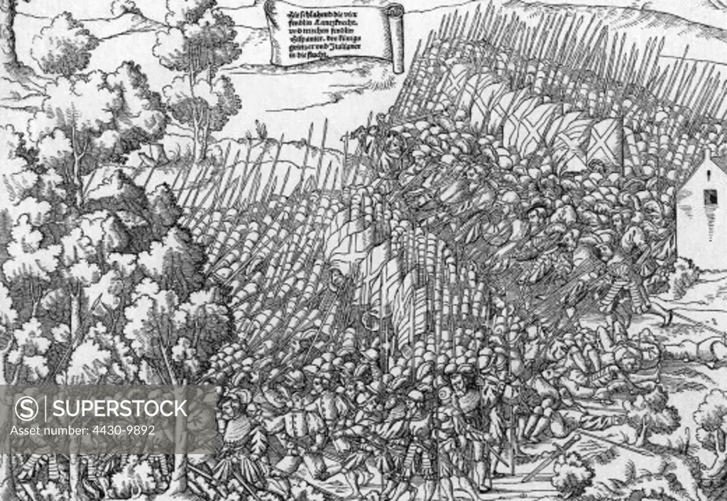 military landsknechts German landsknechts fighting against swiss soldiers scene from the Battle of Cerisole 15.4.1544 woodcut by Hans Schaeufelin the Younger 1582,