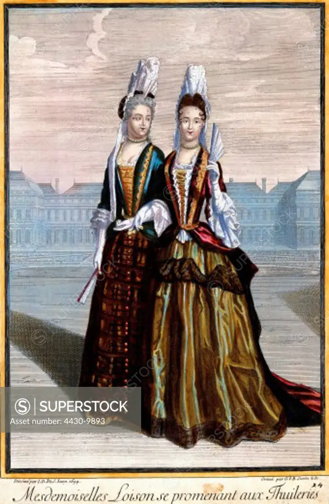 fashion ladies fashion two ladies during stroll in the court of Palais des Tuileries coloured copper engraving by G. I. B. Scotin after draft by I. D. de Saint Jean 1694,