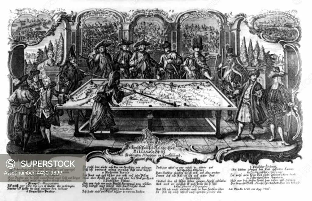 Seven Years War (Third Silesian War) 1756-1763 satire ""Historic political billiard of the disputing powers in Germany"" copper engraving by Martin Will Augsburg 1758,