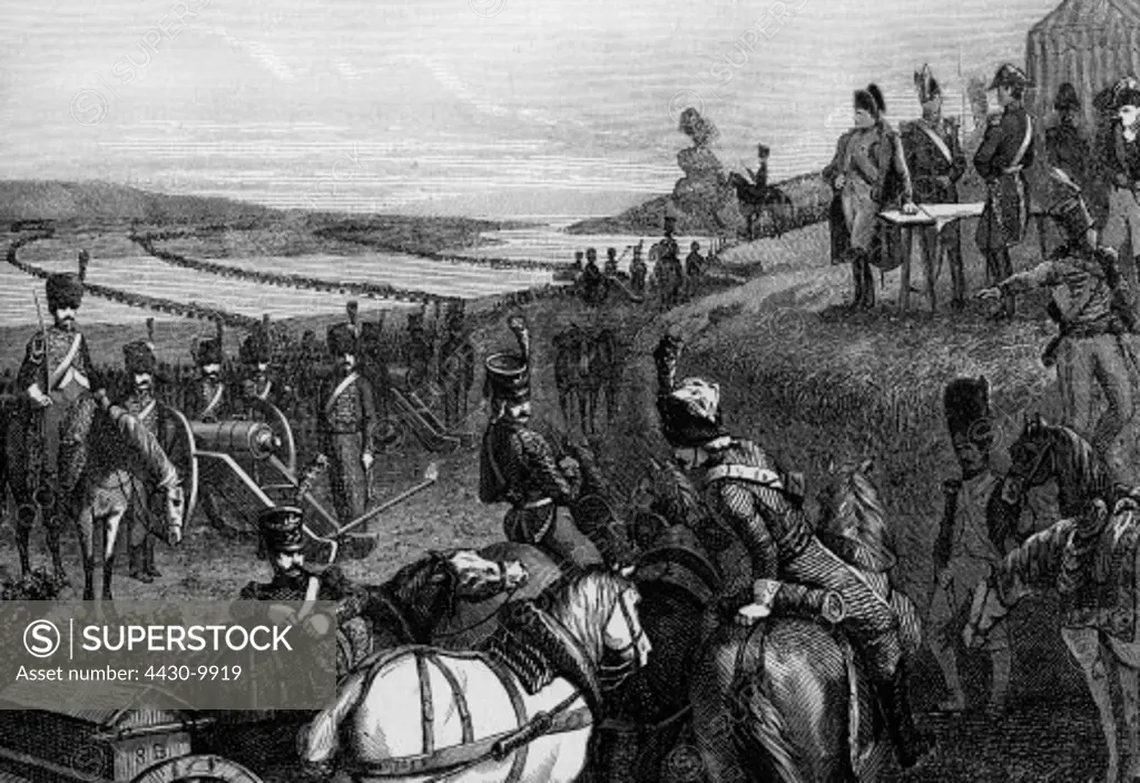 events War of the Sixth Coalition 1812 - 1814 Russian campaign 1812 the French crossing the river Neman 23.- 24.6.1812 Emperor Napoleon watching his troops wood engraving 19th century,