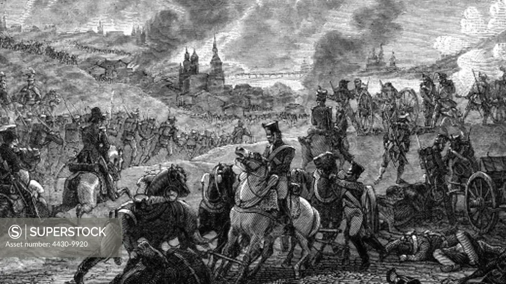 events War of the Sixth Coalition 1812 - 1814 Russian campaign 1812 Battle of Smolensk 17.8.1812 charge of the French wood engraving after Philippoteaux 19th century,