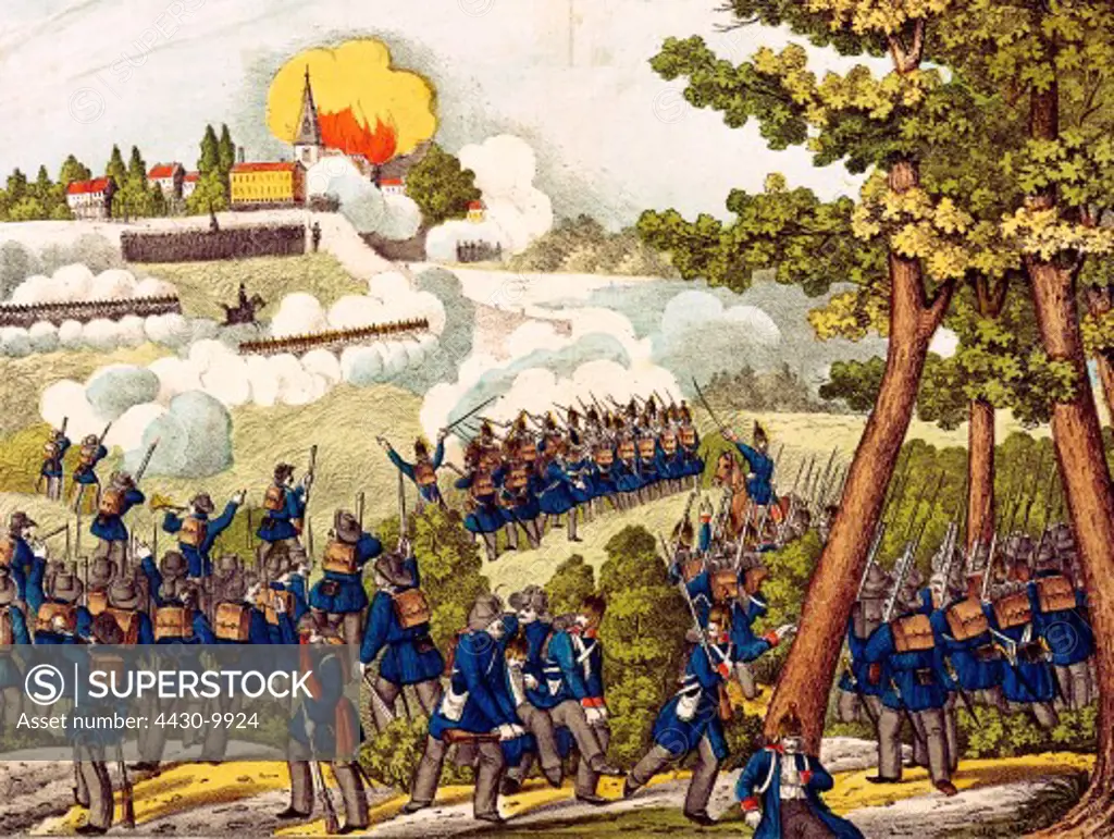 events revolutions 1848 - 1849 Uprising in Baden skirmish at Waghausel 21./22.6.1849 coloured lithograph printed by Oehmigke and Riemschneider Neuruppin Germany Wehrgeschichtliches Museum Rastatt,