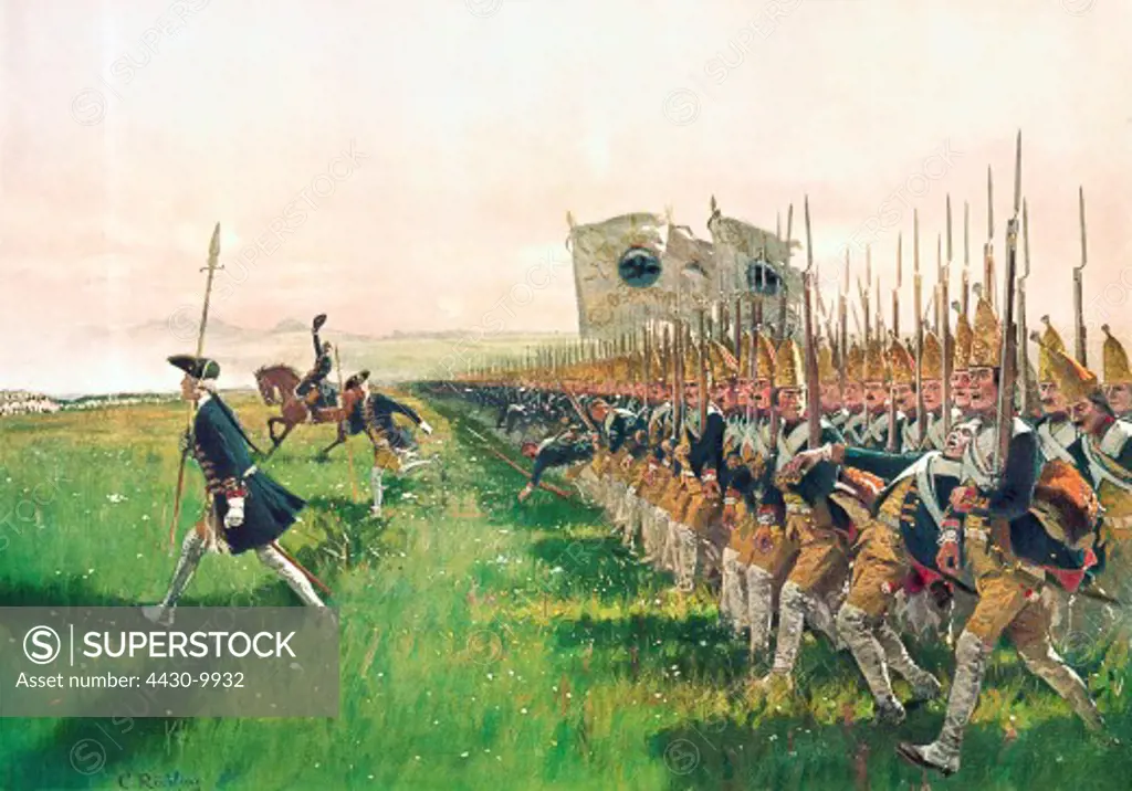events War of the Austrian Succession 1741 - 1748 Battle of Hohenfriedberg 4.6.1745 charge of the Prussian regiment ""Einsiedel"" (no. 6) painting by Carl Roechling (1855 - 1920) Wehrgeschichtliches Museum Rastatt,