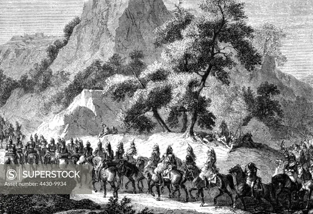 events Peninsular War 1808 - 1814 French invasion of Spain in 1808 troops under the command of Joachim Murat on the march near Pancorbo Castile wood engraving 19th century,