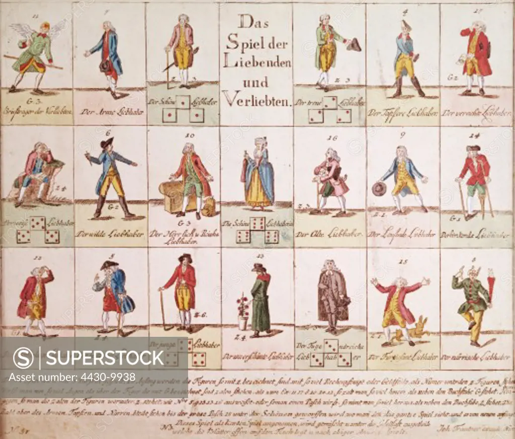 game parlour games ""Das Spiel der Liebenden und Verliebten"" (The game of people in love) 18th century printed by Johann Trautner Nuremberg Germany,