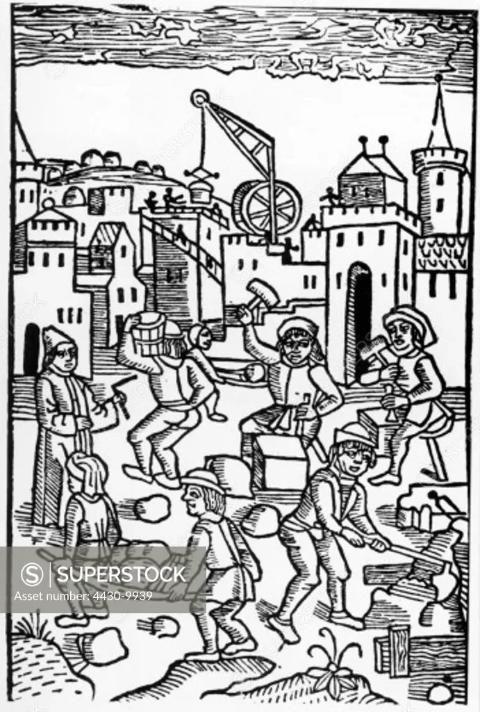 architecture construction work architect and workers woodcut ""Cronica van der hilliger Stat van Coellen"" by Johann Koelhoff the Younger Cologne 1499,