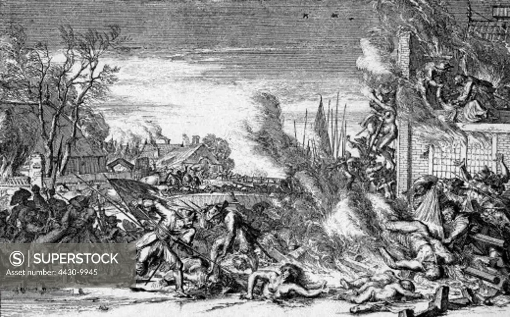 events Franco-Dutch War 1672 - 1679 atrocities of French soldiers in the Netherlands 1672 contemporary copper engraving by Romain de Hooghe,