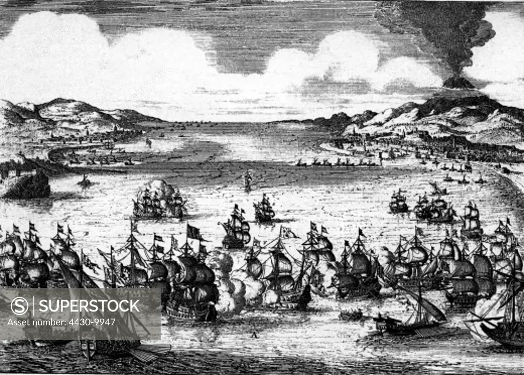 events Franco-Dutch War 1672 - 1679 naval battle of Catania 22.4.1676 contemporary copper engraving by Jan Luyken,